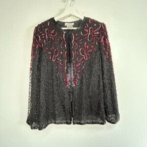 AP Ltd Womens Beaded Embroidered Silk Evening Jacket Large Black Red Long Sleeve